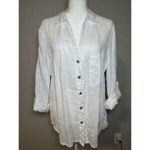 FIRENZE IN MAGLIA White Linen Long Sleeve Button Up V-neck Cuffed Sleeve Size L